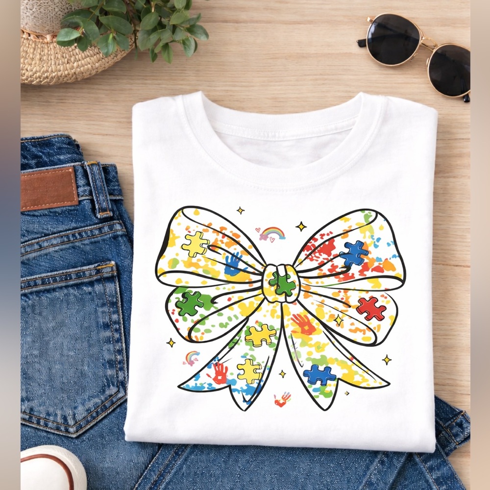 Autism Colorful Puzzle Piece Bow Graphic T-Shirt Made To Order Kids-Adult XL